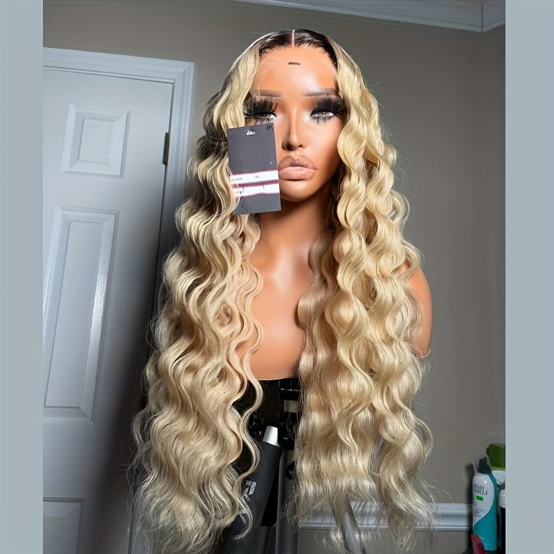 13x4 613 Lace Front Wigs Ombre Brown Roots To Blonde Pre-plucked 180% Density Luscious Blonde Deep Wave Wig HD Transparent Frontal Wig Glueless Lace Front Wigs For Women Girls Party Vacation Daily Used 28inch